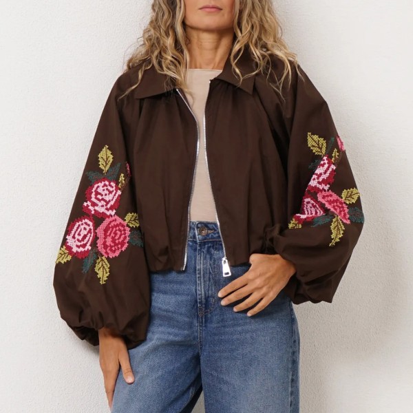 Bomber jacket with balloon sleeves and embroidered waistband (cross stitch)
