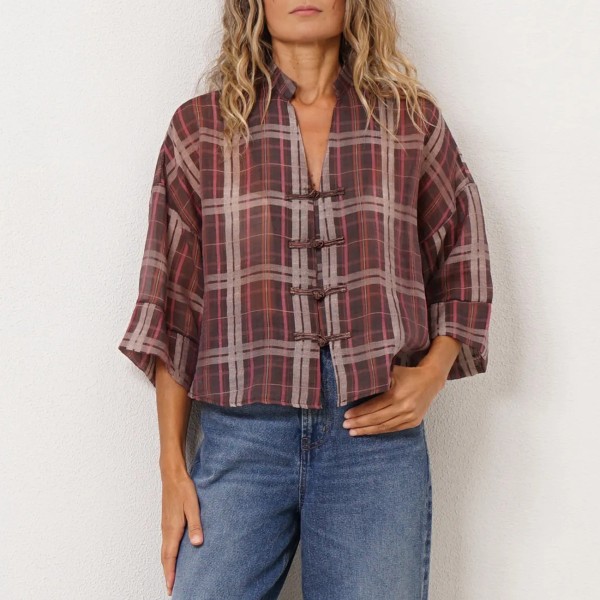 Plaid blouse with tie/button