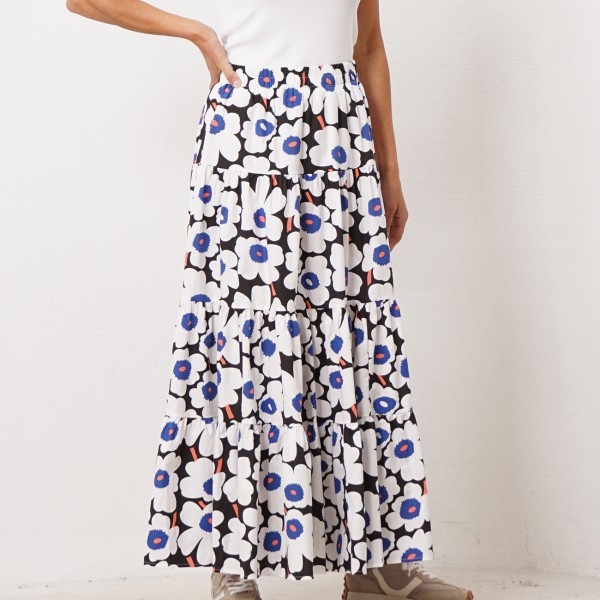 Printed poplin skirt with pleats