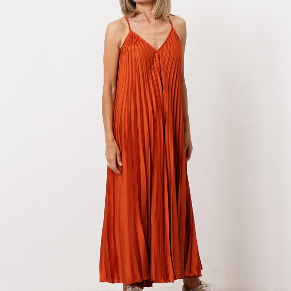 Satin pleated dress with godets