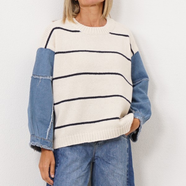 knitting shirt with/ denim sleeves