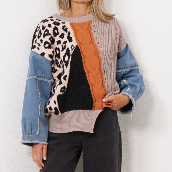 knit sweater with denim sleeves