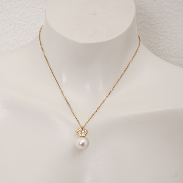 Stainless steel necklace with pearl and diamonds (surgical steel) nickel-free