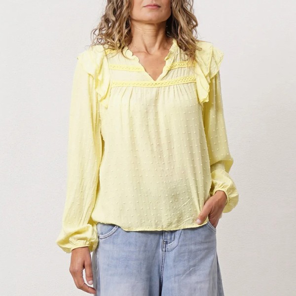 Embroidered crepe blouse with ruffles