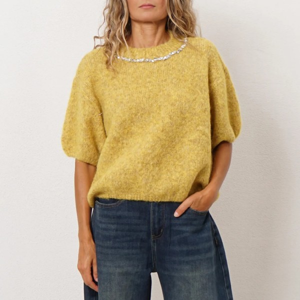 Knitted sweater with rhinestone embellishments
