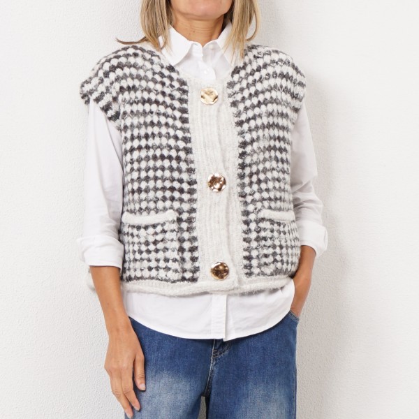 knitted vest with gold buttons