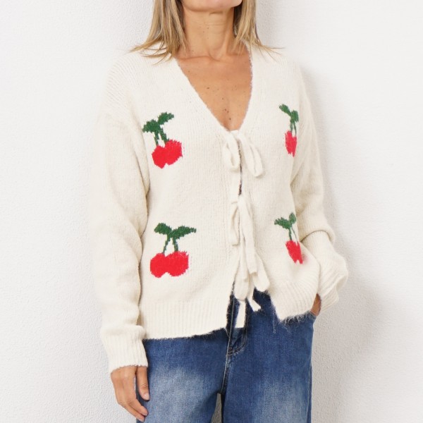 jacquard knit coat with ties (cherries)