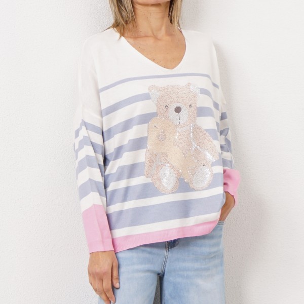 knitted sweater with print and appliqués