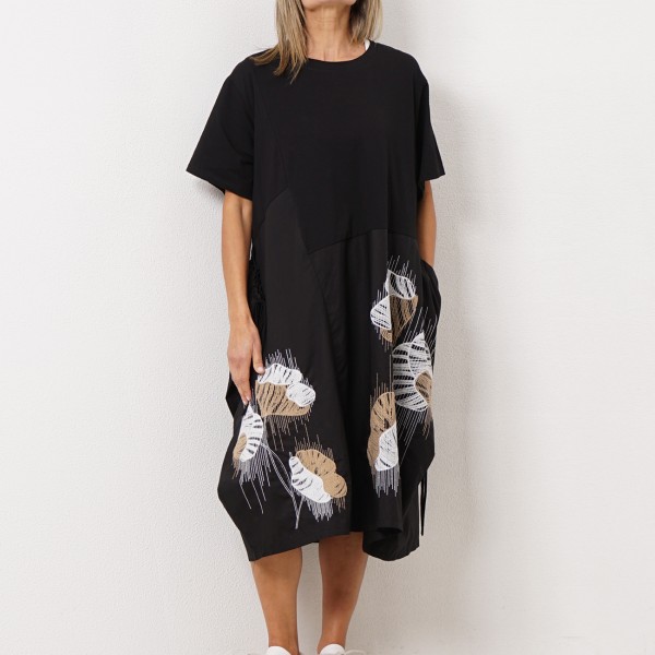 asymmetrical dress in embroidered poplin