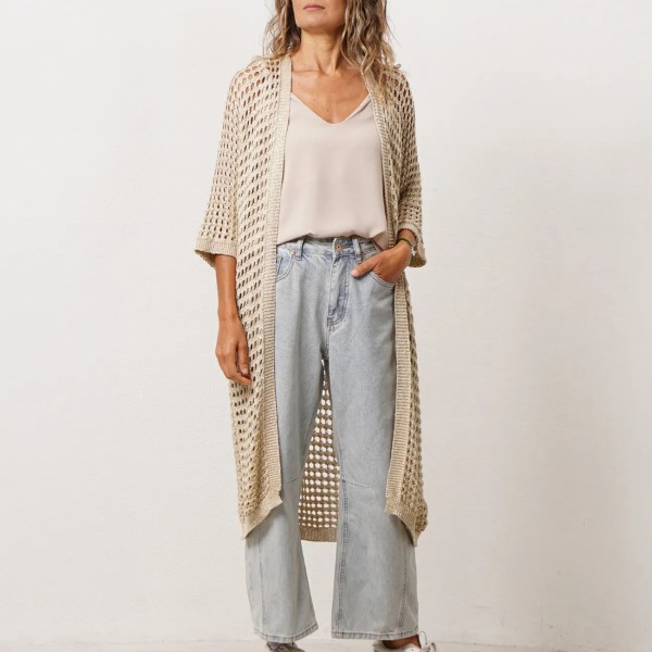 Knitted jacket with openwork stitch and lurex