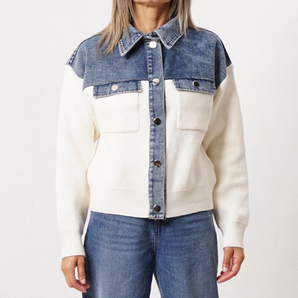Knitted jacket with denim appliqué