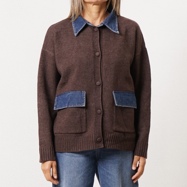Knitted jacket with denim appliqué
