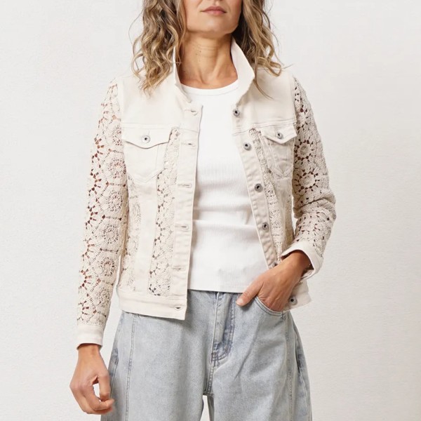 Cowboy denim jacket with crochet appliqué