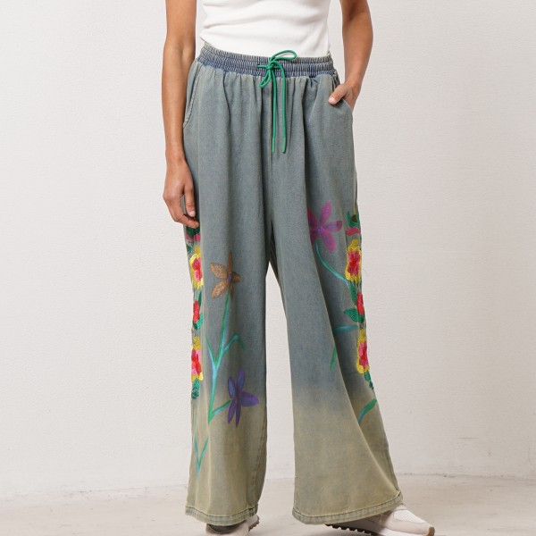 Vintage embroidered denim wide-leg pants