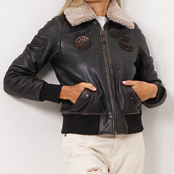 vintage leather bomber with removable fur collar (premium)