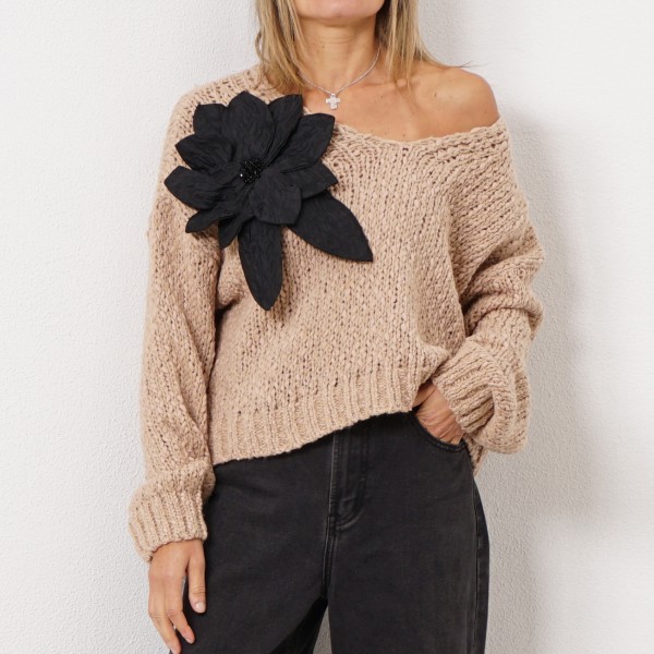 knitted turtleneck sweater with flower application