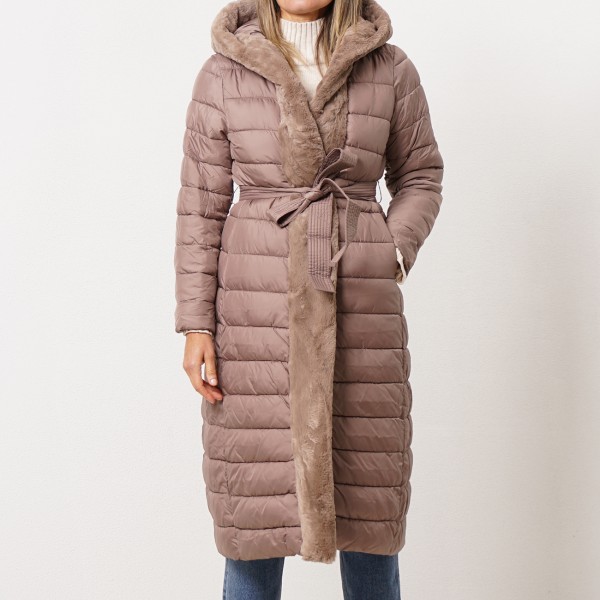 Padded hooded jacket with fur trim