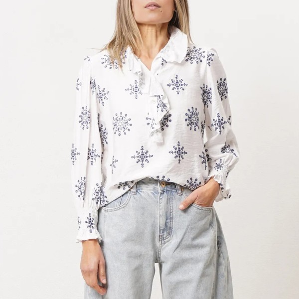 Embroidered crepe blouse with ruffles