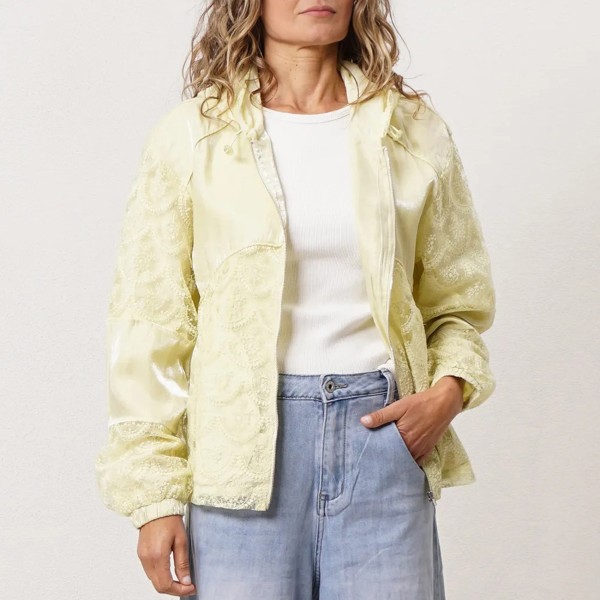 hooded blouse with lace appliqués