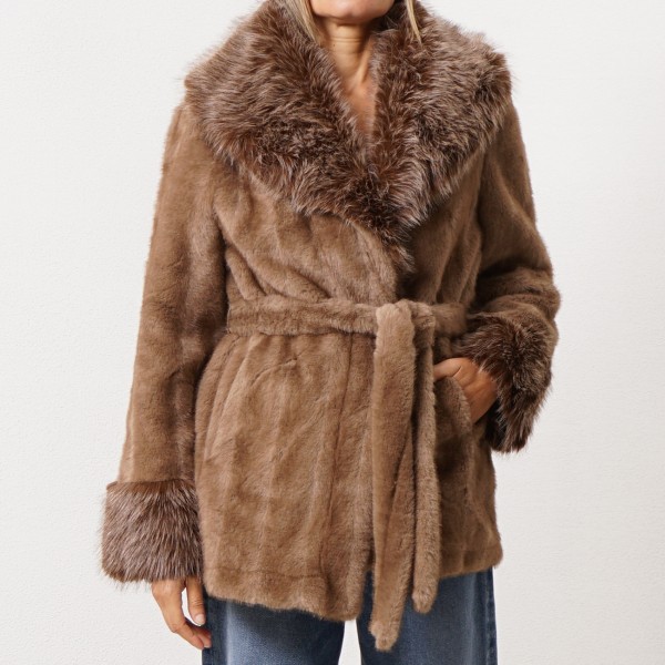 mink fur coat with belt (synthetic)