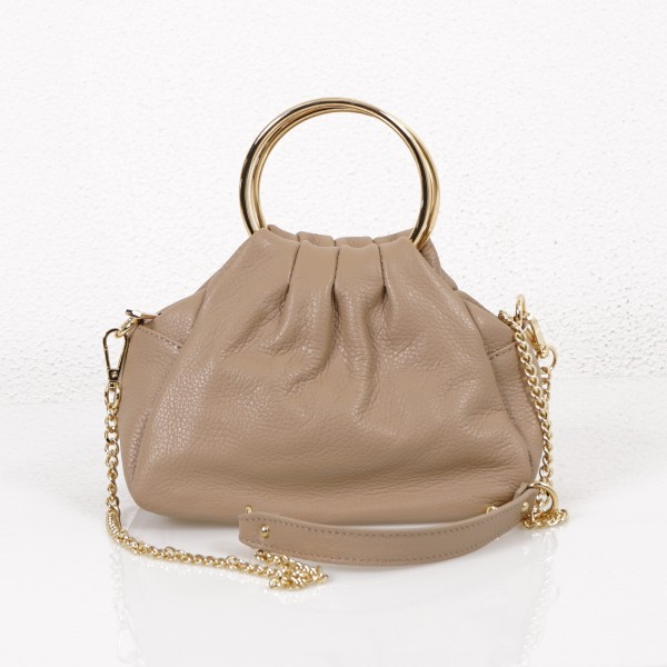 leather fanny pack with gathers and metal strap