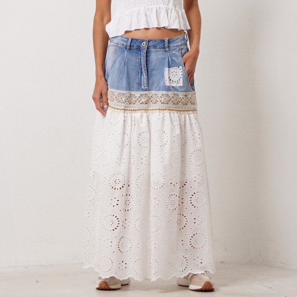 denim skirt with English embroidery application