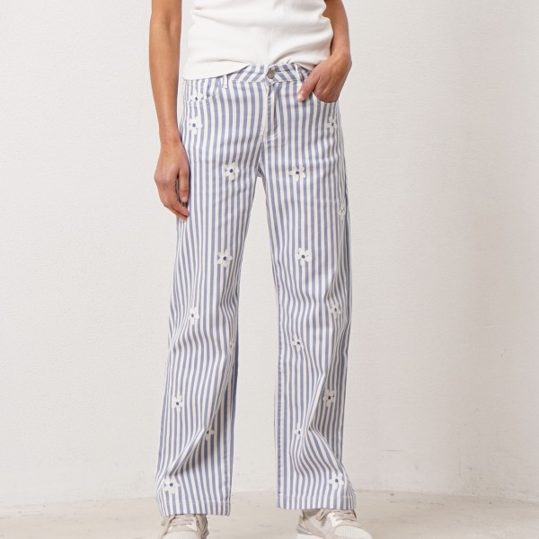 Striped denim wide-leg pants with embroidery