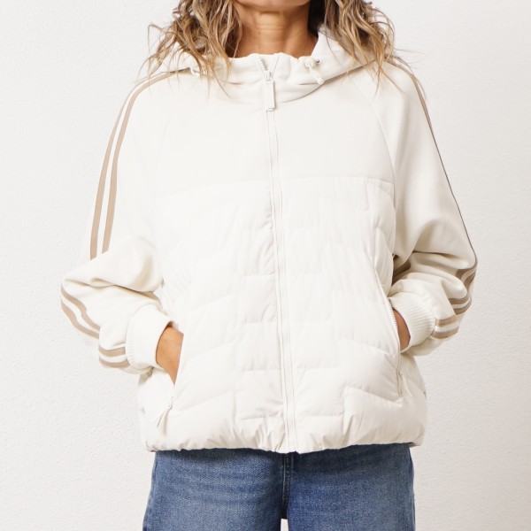 Down jacket with hood and neoprene sleeves