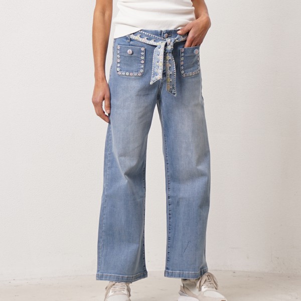 Embroidered denim palazzo pants with elastane