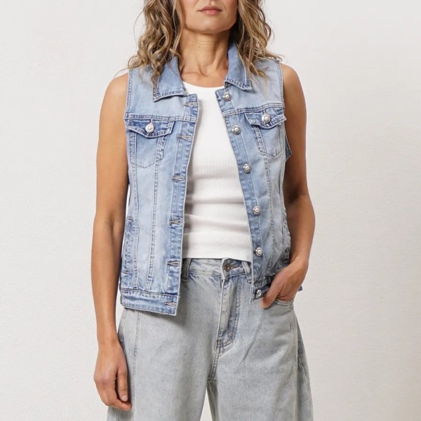 Embroidered denim vest with crochet appliqué