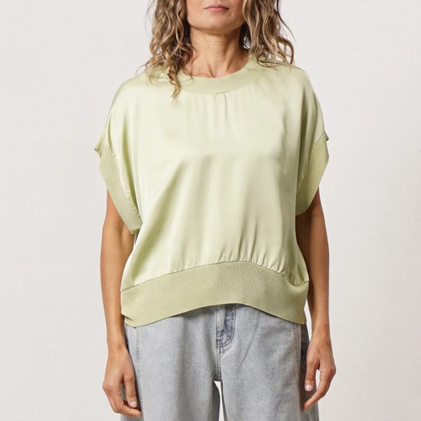 Satin blouse with knit appliqués