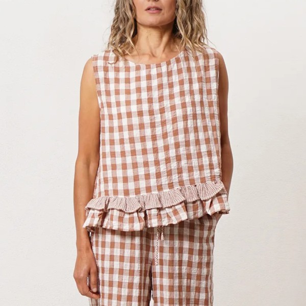 Vichy pattern ruffled blouse with linen (premium)