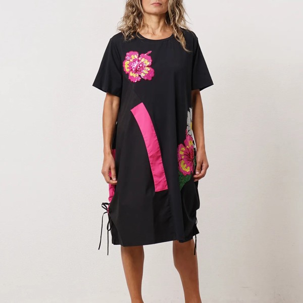 Printed poplin dress with tie