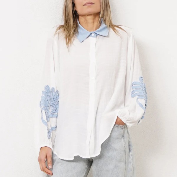 blouse with denim appliqués