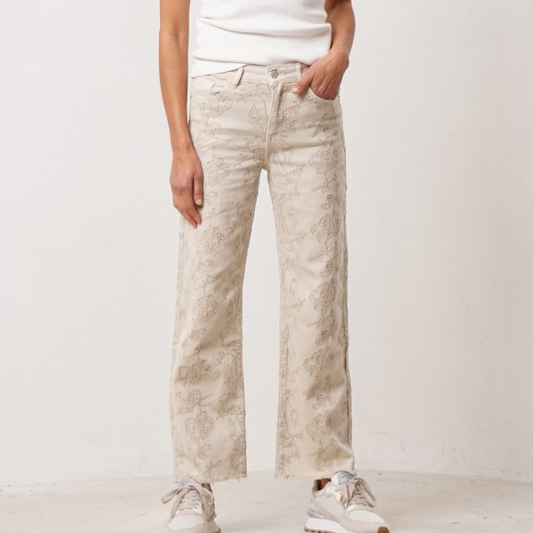Embroidered denim wide-leg pants