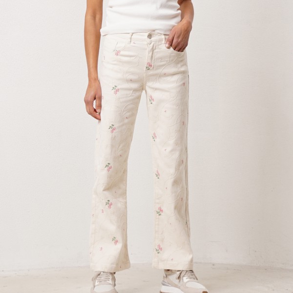 Embroidered denim palazzo pants with elastane