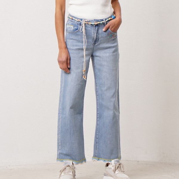 Embroidered denim wide-leg pants with belt