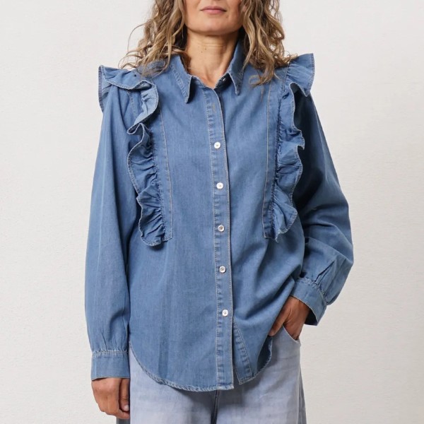 Denim blouse with ruffles