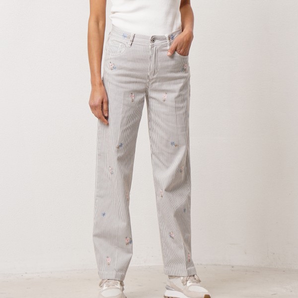 Striped wide-leg pants with embroidery