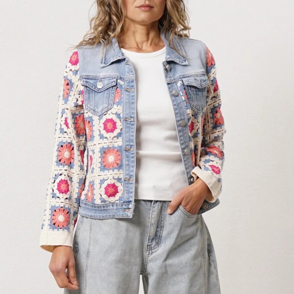 Cowboy denim jacket with crochet appliqué