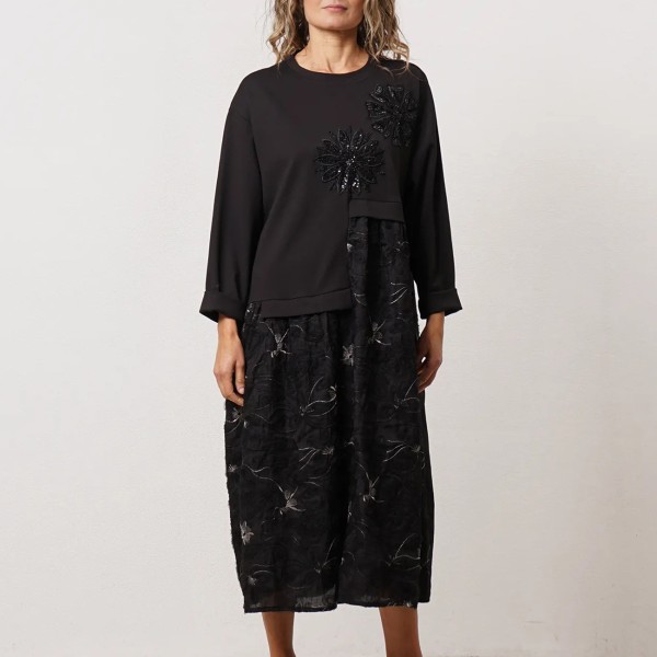 dress with/ sleeves with/ embroidery and asymmetrical appliqués
