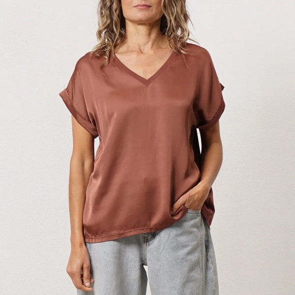 Satin blouse with rayon and lace appliqués