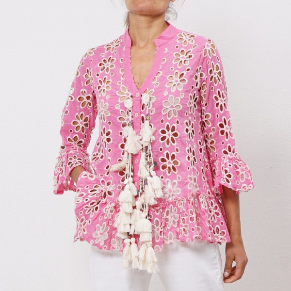 embroidered blouse w / pompoms
