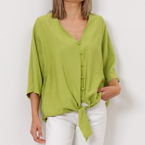 V-neck blouse w/ bow + covered buttons