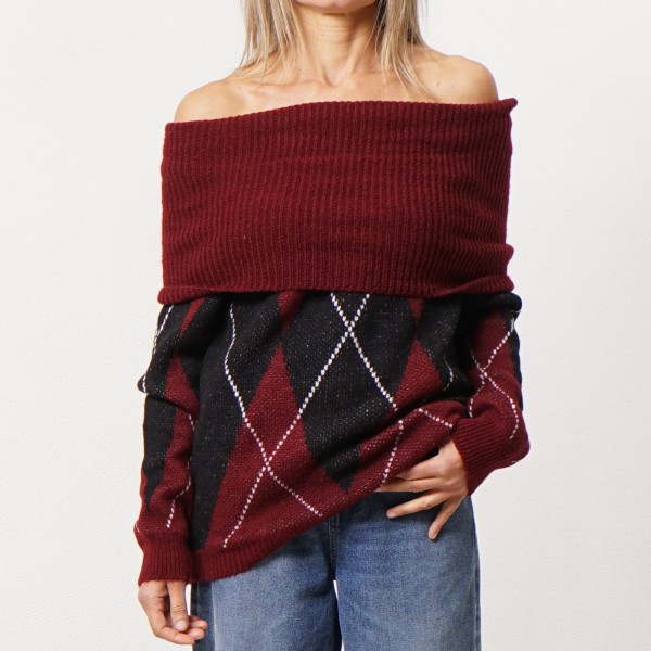 Boat neck knit sweater with wool (jacquard)