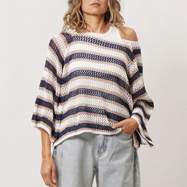 Striped knit sweater (openwork stitch)