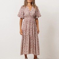 vestido em crepe c/ franzidos e manga balão
