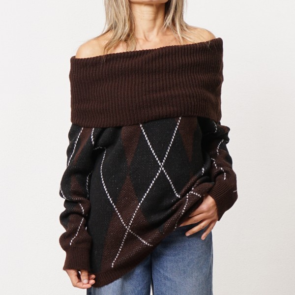 camisola em tricôt decote à barco c/ lã (jacquard)