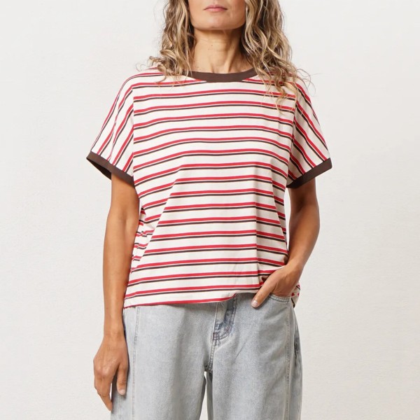 tshirt de riscas estampada em algodão c/ elastano