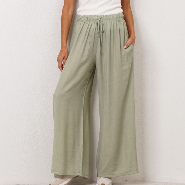 calça pata de elefante c/ cós elástico e ajuste c/ atilho (tecido bambu)